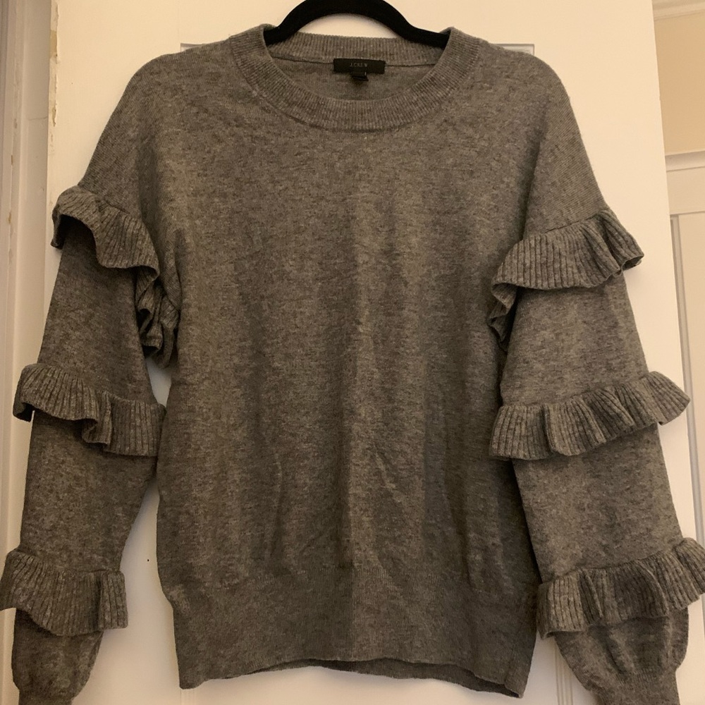 J Crew Gray Ruffle Sleeve Sweater